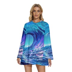 Tsunami Tidal Wave Ocean Waves Sea Nature Water Blue Round Neck Long Sleeve Bohemian Style Chiffon Mini Dress by Ravend