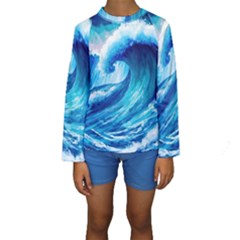 Tsunami Tidal Wave Ocean Waves Sea Nature Water Blue Painting Kids  Long Sleeve Swimwear by Ravend