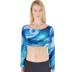 Tsunami Tidal Wave Ocean Waves Sea Nature Water Blue Painting Long Sleeve Crop Top by Ravend