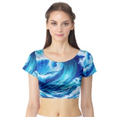 Tsunami Tidal Wave Ocean Waves Sea Nature Water Blue Painting Short Sleeve Crop Top by Ravend