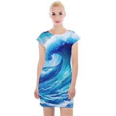 Tsunami Tidal Wave Ocean Waves Sea Nature Water Blue Painting Cap Sleeve Bodycon Dress by Ravend