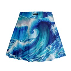 Tsunami Tidal Wave Ocean Waves Sea Nature Water Blue Painting Mini Flare Skirt by Ravend