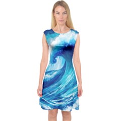 Tsunami Tidal Wave Ocean Waves Sea Nature Water Blue Painting Capsleeve Midi Dress by Ravend