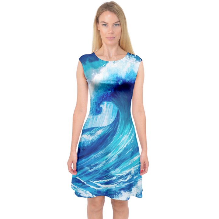 Tsunami Tidal Wave Ocean Waves Sea Nature Water Blue Painting Capsleeve Midi Dress