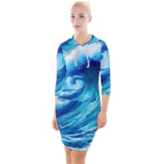 Tsunami Tidal Wave Ocean Waves Sea Nature Water Blue Painting Quarter Sleeve Hood Bodycon Dress by Ravend