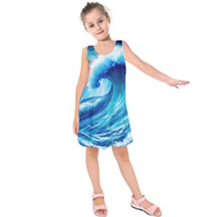 Tsunami Tidal Wave Ocean Waves Sea Nature Water Blue Painting Kids  Sleeveless Dress by Ravend