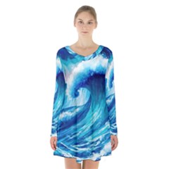 Tsunami Tidal Wave Ocean Waves Sea Nature Water Blue Painting Long Sleeve Velvet V-neck Dress by Ravend