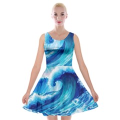 Tsunami Tidal Wave Ocean Waves Sea Nature Water Blue Painting Velvet Skater Dress by Ravend