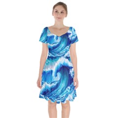 Tsunami Tidal Wave Ocean Waves Sea Nature Water Blue Painting Short Sleeve Bardot Dress by Ravend