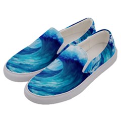 Tsunami Tidal Wave Ocean Waves Sea Nature Water Blue Painting Men s Canvas Slip Ons by Ravend