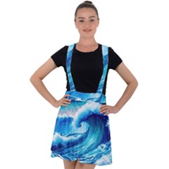 Tsunami Tidal Wave Ocean Waves Sea Nature Water Blue Painting Velvet Suspender Skater Skirt by Ravend