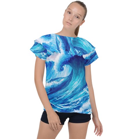 Tsunami Tidal Wave Ocean Waves Sea Nature Water Blue Painting Ruffle Collar Chiffon Blouse by Ravend