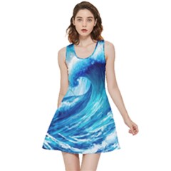 Tsunami Tidal Wave Ocean Waves Sea Nature Water Blue Painting Inside Out Reversible Sleeveless Dress by Ravend