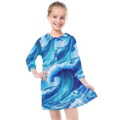 Tsunami Tidal Wave Ocean Waves Sea Nature Water Blue Painting Kids  Quarter Sleeve Shirt Dress by Ravend