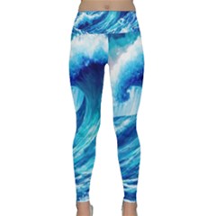 Tsunami Tidal Wave Ocean Waves Sea Nature Water Blue Painting Lightweight Velour Classic Yoga Leggings by Ravend