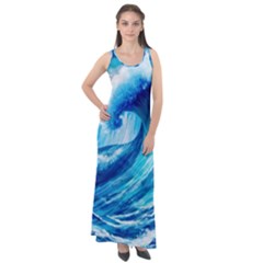 Tsunami Tidal Wave Ocean Waves Sea Nature Water Blue Painting Sleeveless Velour Maxi Dress by Ravend