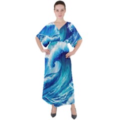 Tsunami Tidal Wave Ocean Waves Sea Nature Water Blue Painting V-neck Boho Style Maxi Dress by Ravend