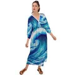 Tsunami Tidal Wave Ocean Waves Sea Nature Water Blue Painting Grecian Style  Maxi Dress by Ravend