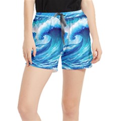 Tsunami Tidal Wave Ocean Waves Sea Nature Water Blue Painting Women s Runner Shorts by Ravend