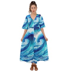 Tsunami Tidal Wave Ocean Waves Sea Nature Water Blue Painting Kimono Sleeve Boho Dress by Ravend