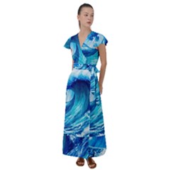 Tsunami Tidal Wave Ocean Waves Sea Nature Water Blue Painting Flutter Sleeve Maxi Dress by Ravend