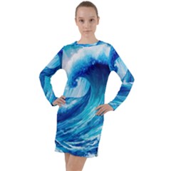 Tsunami Tidal Wave Ocean Waves Sea Nature Water Blue Painting Long Sleeve Hoodie Dress by Ravend