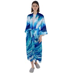 Tsunami Tidal Wave Ocean Waves Sea Nature Water Blue Painting Maxi Satin Kimono by Ravend