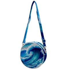 Tsunami Tidal Wave Ocean Waves Sea Nature Water Blue Painting Crossbody Circle Bag by Ravend