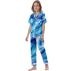 Tsunami Tidal Wave Ocean Waves Sea Nature Water Blue Painting Kids  Satin Short Sleeve Pajamas Set by Ravend