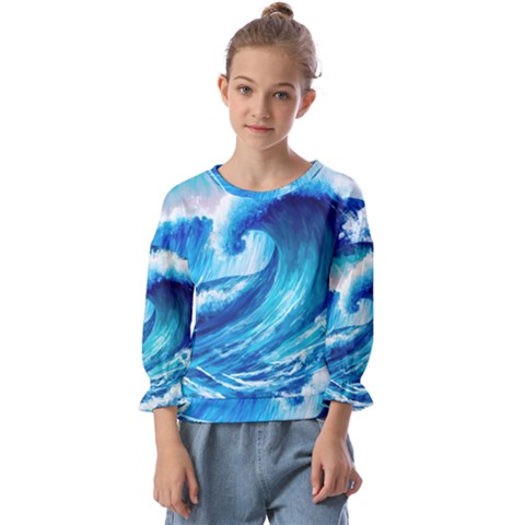 Tsunami Tidal Wave Ocean Waves Sea Nature Water Blue Painting Kids  Cuff Sleeve Top by Ravend