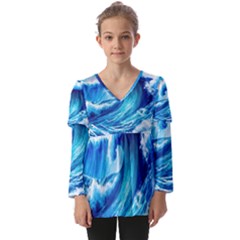 Tsunami Tidal Wave Ocean Waves Sea Nature Water Blue Painting Kids  V Neck Casual Top by Ravend