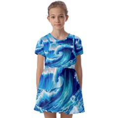 Tsunami Tidal Wave Ocean Waves Sea Nature Water Blue Painting Kids  Short Sleeve Pinafore Style Dress