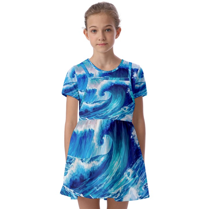 Tsunami Tidal Wave Ocean Waves Sea Nature Water Blue Painting Kids  Short Sleeve Pinafore Style Dress