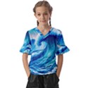 Tsunami Tidal Wave Ocean Waves Sea Nature Water Blue Painting Kids  V-Neck Horn Sleeve Blouse View1