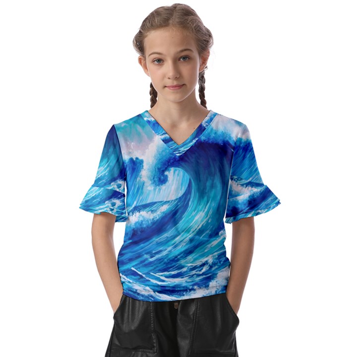 Tsunami Tidal Wave Ocean Waves Sea Nature Water Blue Painting Kids  V-Neck Horn Sleeve Blouse