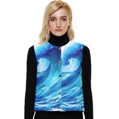 Tsunami Tidal Wave Ocean Waves Sea Nature Water Blue Painting Women s Short Button Up Puffer Vest by Ravend