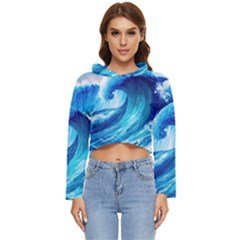 Tsunami Tidal Wave Ocean Waves Sea Nature Water Blue Painting Women s Lightweight Cropped Hoodie by Ravend