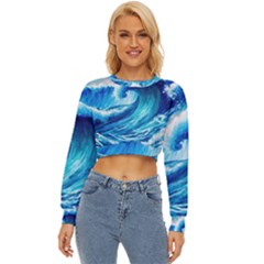 Tsunami Tidal Wave Ocean Waves Sea Nature Water Blue Painting Lightweight Long Sleeve Sweatshirt by Ravend