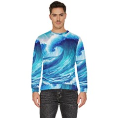 Tsunami Tidal Wave Ocean Waves Sea Nature Water Blue Painting Men s Fleece Sweatshirt by Ravend