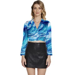 Tsunami Tidal Wave Ocean Waves Sea Nature Water Blue Painting Long Sleeve Tie Back Satin Wrap Top