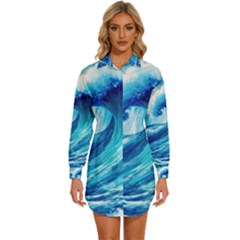 Tsunami Tidal Wave Ocean Waves Sea Nature Water Blue Painting Womens Long Sleeve Shirt Dress