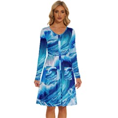 Tsunami Tidal Wave Ocean Waves Sea Nature Water Blue Painting Long Sleeve Dress With Pocket