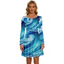 Tsunami Tidal Wave Ocean Waves Sea Nature Water Blue Painting Long Sleeve Wide Neck Velvet Dress View1