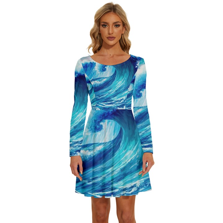 Tsunami Tidal Wave Ocean Waves Sea Nature Water Blue Painting Long Sleeve Wide Neck Velvet Dress