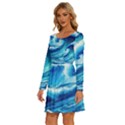 Tsunami Tidal Wave Ocean Waves Sea Nature Water Blue Painting Long Sleeve Wide Neck Velvet Dress View2