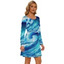 Tsunami Tidal Wave Ocean Waves Sea Nature Water Blue Painting Long Sleeve Wide Neck Velvet Dress View3