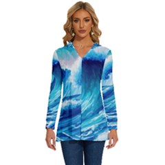 Tsunami Tidal Wave Ocean Waves Sea Nature Water Blue Painting Long Sleeve Drawstring Hooded Top