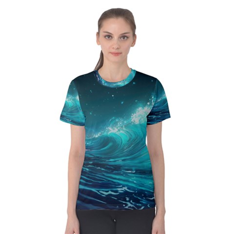 Tsunami Waves Ocean Sea Nautical Nature Water Women s Cotton Tee by Ravend