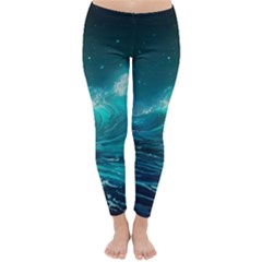 Tsunami Waves Ocean Sea Nautical Nature Water Classic Winter Leggings by Ravend