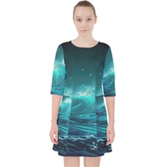 Tsunami Waves Ocean Sea Nautical Nature Water Quarter Sleeve Pocket Dress by Ravend